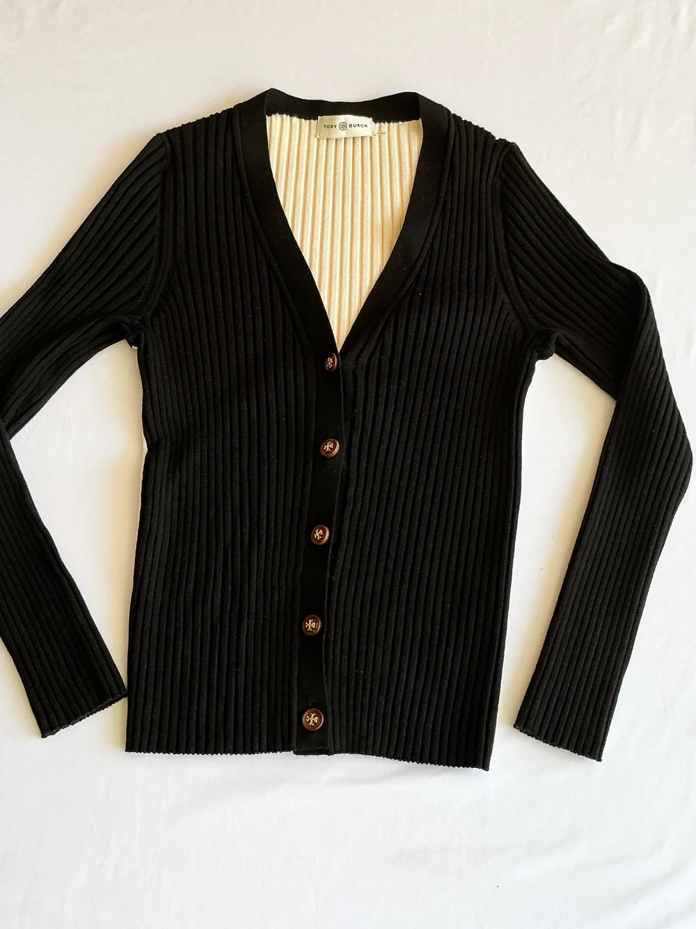Tory Burch Ribbed Two Tone Merino Wool Cardigan Sweater Wood Buttons Sz Lg